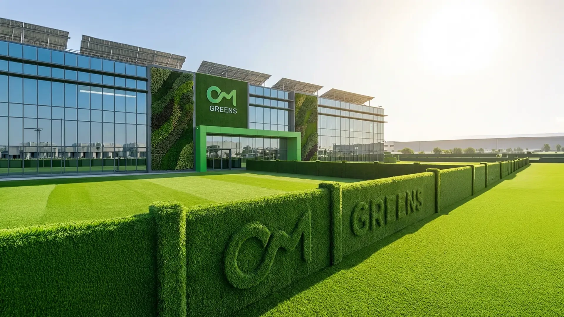OM Greens brand artwork with green grass and fencing