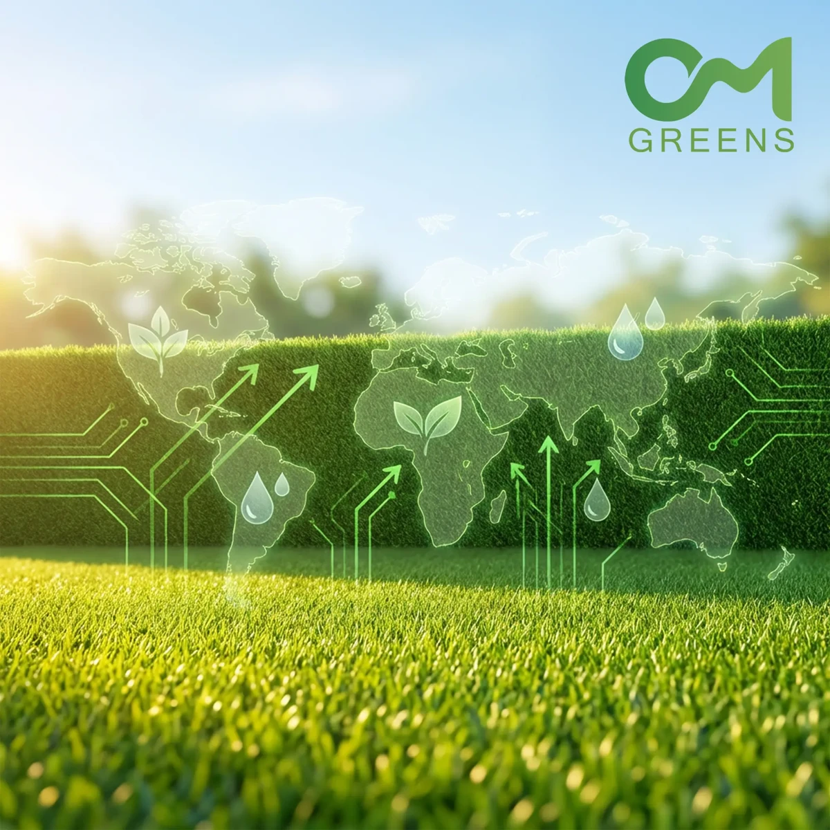 OM Greens vision artwork, combining greenery and innovation with a world map
